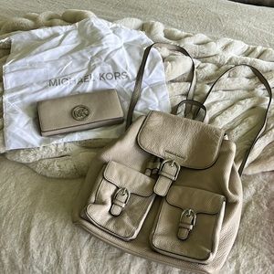 Michael Kors Beige Alligator Leather Drawstring Backpack and matching wallet